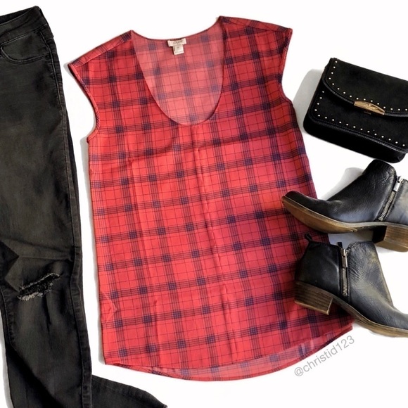 J. Crew Plaid Print Cap Sleeve Shirttail Top - Picture 1 of 7